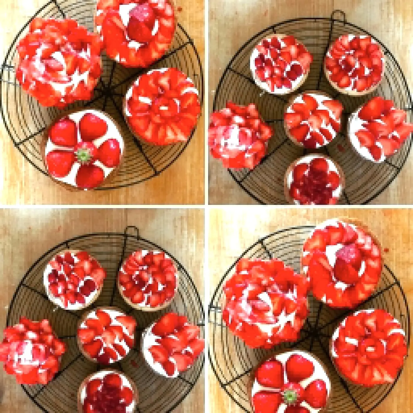 Quatre planches de tartelettes aux fraises assemblées